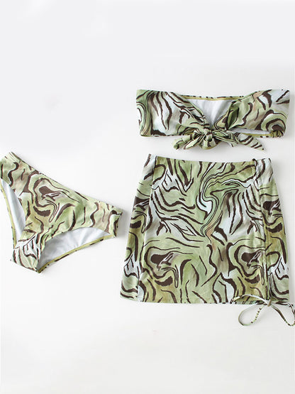 Ripple Printed Padded Bikini Swimwear+Drawstring Cover-Ups Skirt Three-Pieces Set