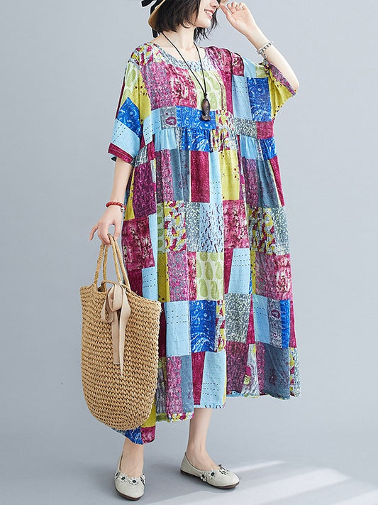 LOOSE COLORFUL CUBE SPLIT-JOINT MIDI DRESS