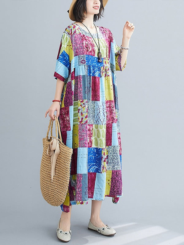 LOOSE COLORFUL CUBE SPLIT-JOINT MIDI DRESS