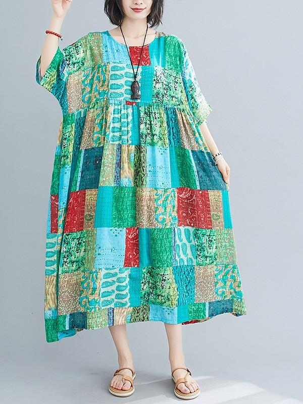 Loose Print Split-Joint Midi Dress