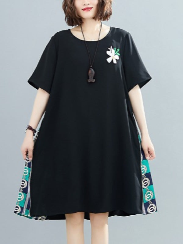 PLUS SIZE LOOSE SPLIT-JOINT PRINT MIDI DRESS