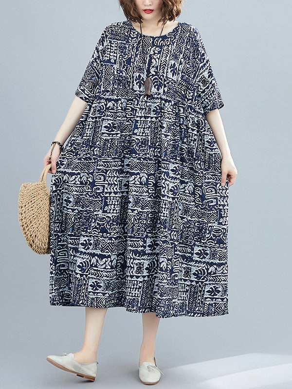PLUS SIZE LOOSE SIMPLE PRINT MIDI DRESS