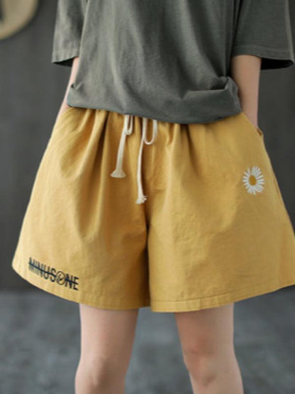 Embroidered Loose Solid Lace-Up Shorts