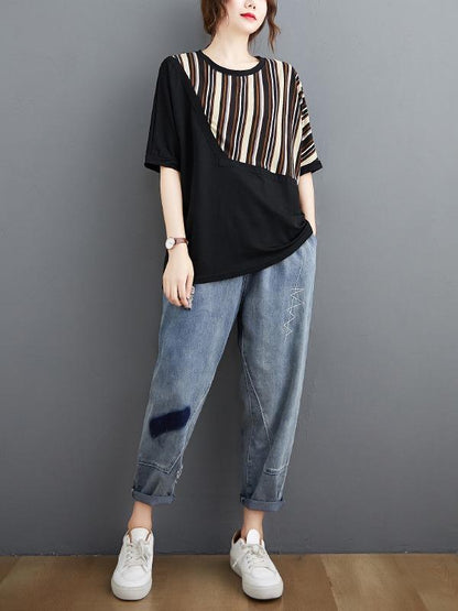 Casual Split-Joint Striped T-Shirts