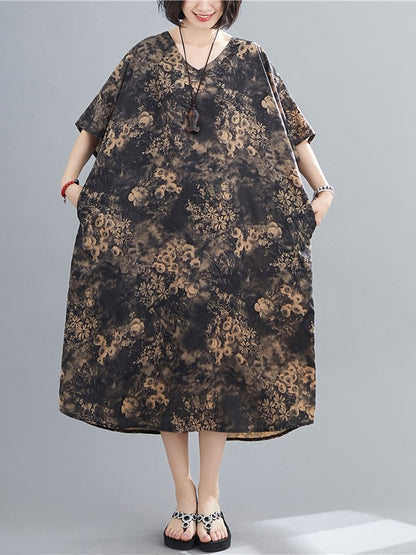 PLUS SIZE LOOSE PRINTED V-NECK MIDI DRESS