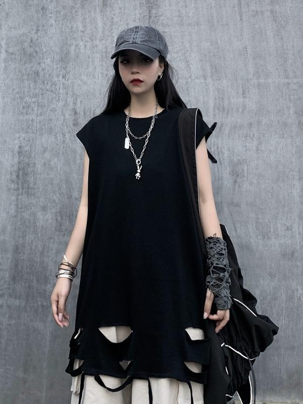 Casual Hollow Round-Neck Cap Sleevet-Shirt