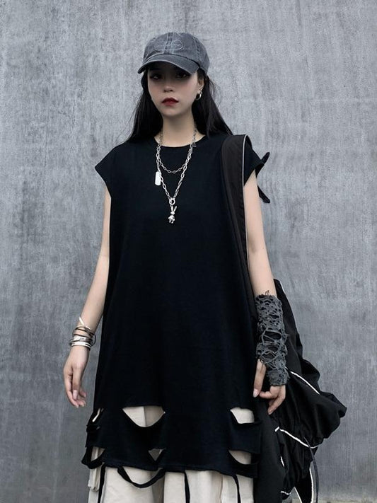 Casual Hollow Round-Neck Cap Sleevet-Shirt