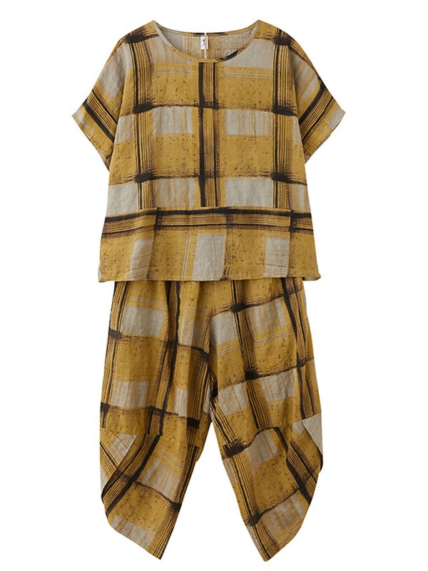 CASUAL WIDE-LEG YELLOW PLAID COMFORTABLE SUITS