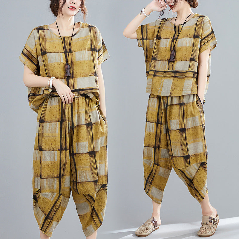 CASUAL WIDE-LEG YELLOW PLAID COMFORTABLE SUITS