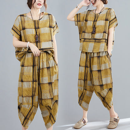 CASUAL WIDE-LEG YELLOW PLAID COMFORTABLE SUITS