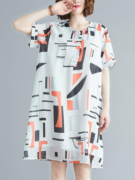Loose Chiffon Printed Round-Neck Midi Dress