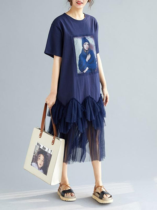 Plus Size Loose Mesh Split-Joint Print Midi Dress