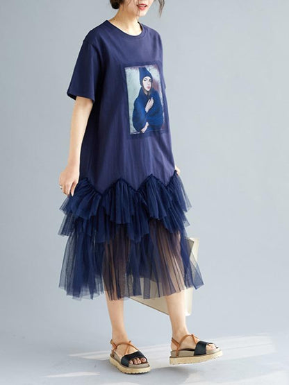 Plus Size Loose Mesh Split-Joint Print Midi Dress
