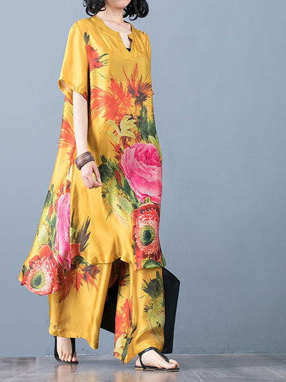 PLUS SIZE LOOSE PRINT SILK LONG SHIRT&WIDE-LEG PANTS SUITS