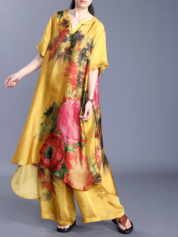 PLUS SIZE LOOSE PRINT SILK LONG SHIRT&WIDE-LEG PANTS SUITS