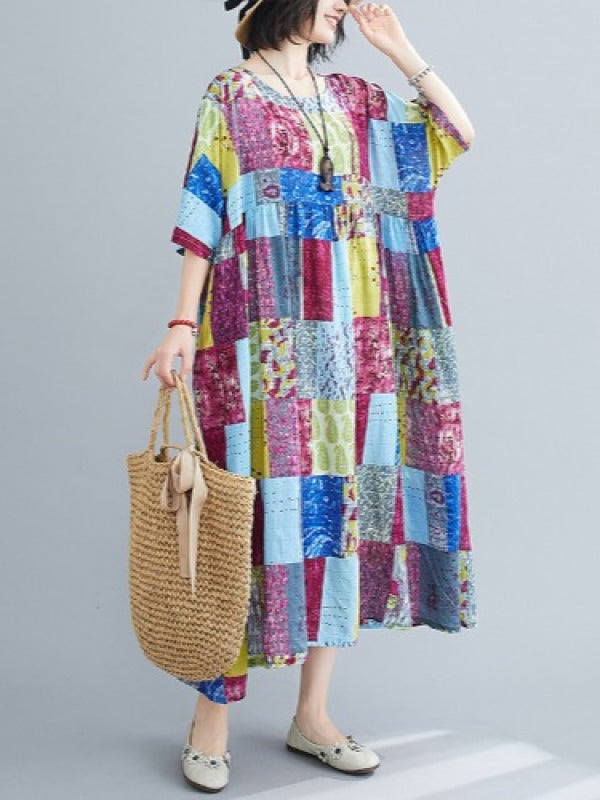 LOOSE COLORFUL CUBE SPLIT-JOINT MIDI DRESS