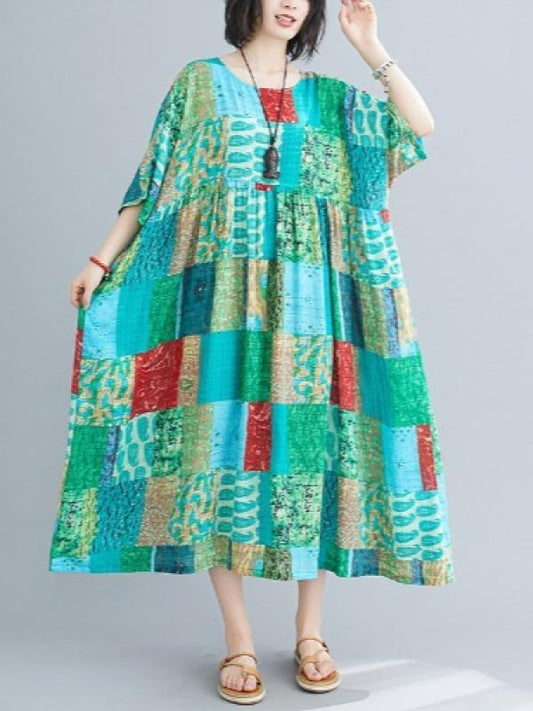 Loose Print Split-Joint Midi Dress