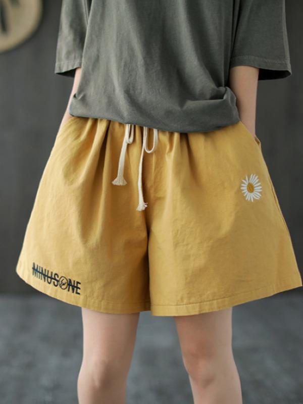 Embroidered Loose Solid Lace-Up Shorts