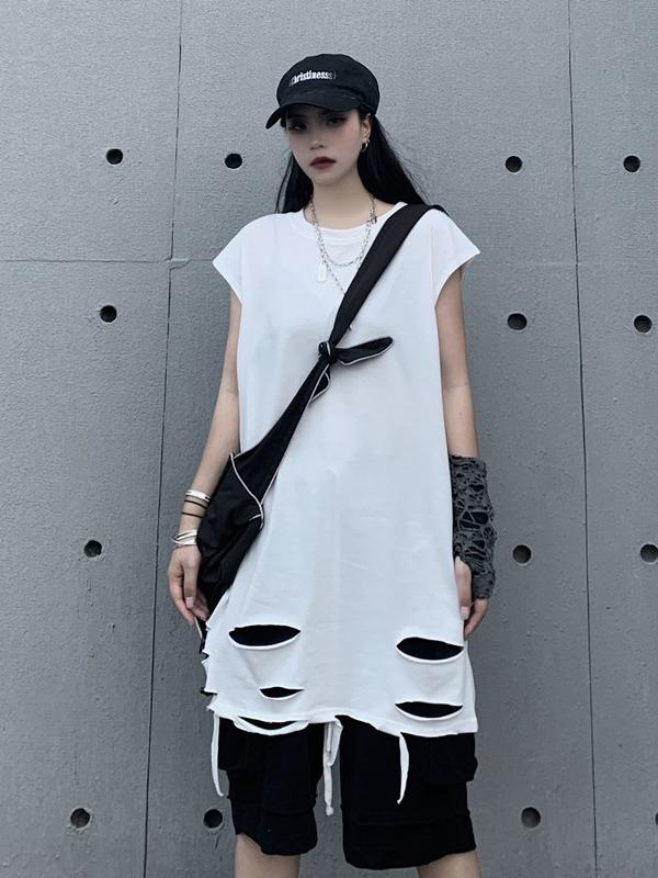 Casual Hollow Round-Neck Cap Sleevet-Shirt