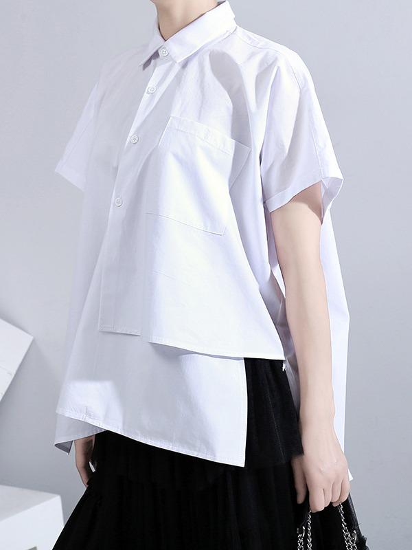 New Cropped Split-Joint Solid Lapel Shirt