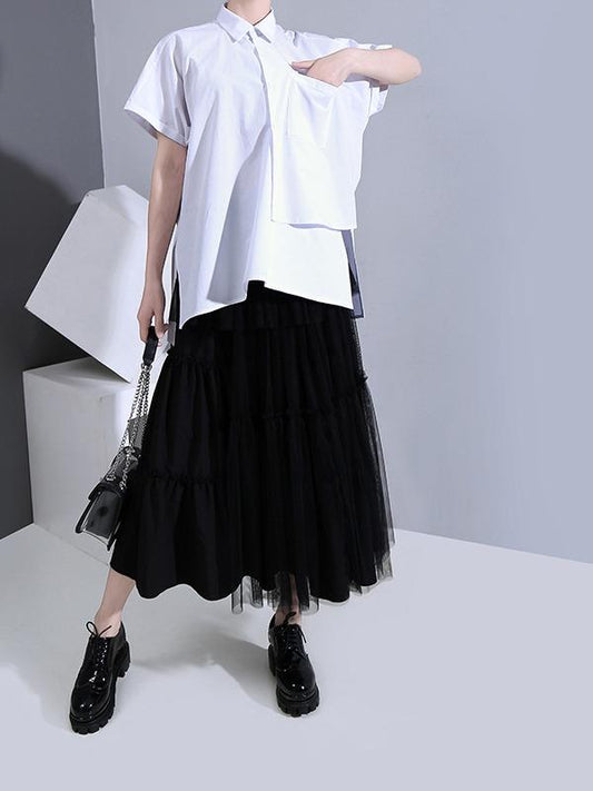 New Cropped Split-Joint Solid Lapel Shirt