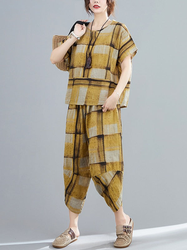 CASUAL WIDE-LEG YELLOW PLAID COMFORTABLE SUITS