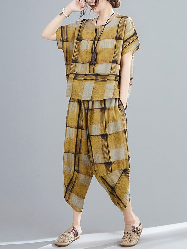 CASUAL WIDE-LEG YELLOW PLAID COMFORTABLE SUITS