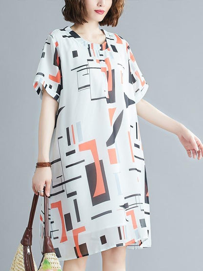 Loose Chiffon Printed Round-Neck Midi Dress