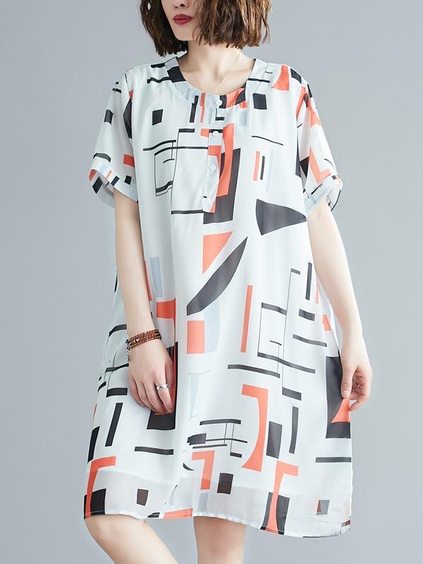 Loose Chiffon Printed Round-Neck Midi Dress