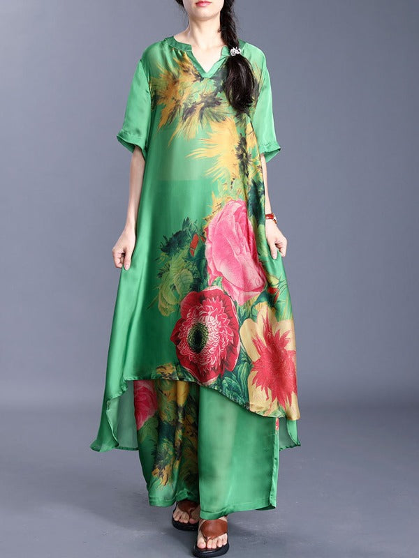 PLUS SIZE LOOSE PRINT SILK LONG SHIRT&WIDE-LEG PANTS SUITS