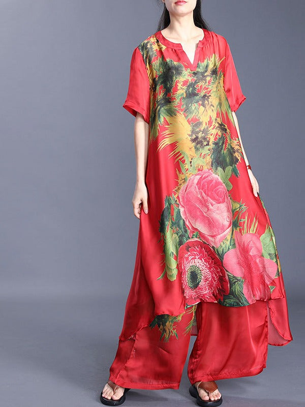PLUS SIZE LOOSE PRINT SILK LONG SHIRT&WIDE-LEG PANTS SUITS