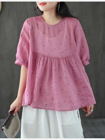 Vintage Loose Polka Dot Crew Neck Women's T-Shirt