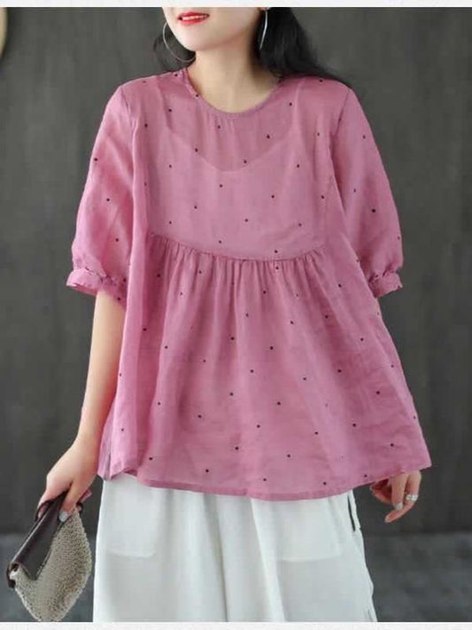 Vintage Loose Polka Dot Crew Neck Women's T-Shirt