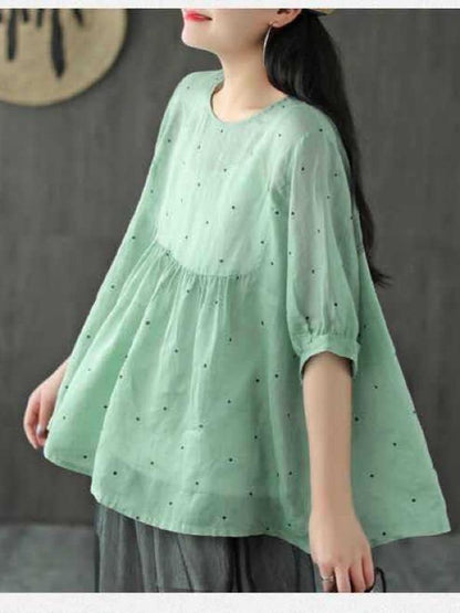 Vintage Loose Polka Dot Crew Neck Women's T-Shirt