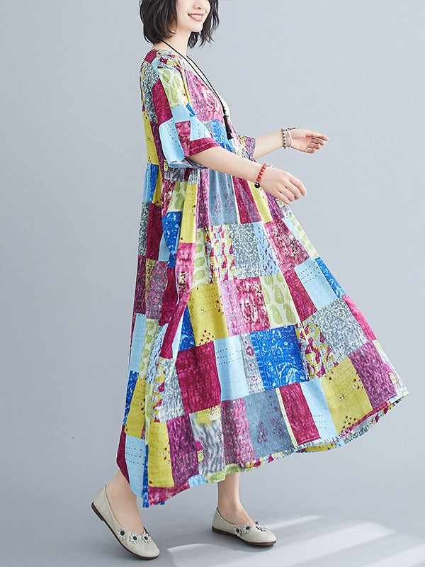 LOOSE COLORFUL CUBE SPLIT-JOINT MIDI DRESS