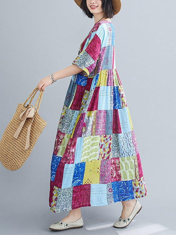 LOOSE COLORFUL CUBE SPLIT-JOINT MIDI DRESS