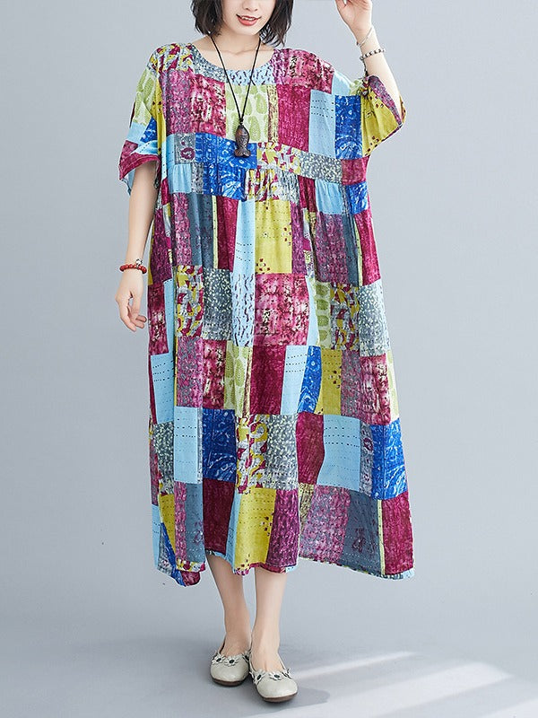 LOOSE COLORFUL CUBE SPLIT-JOINT MIDI DRESS