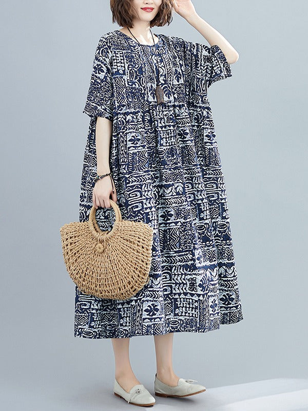 PLUS SIZE LOOSE SIMPLE PRINT MIDI DRESS