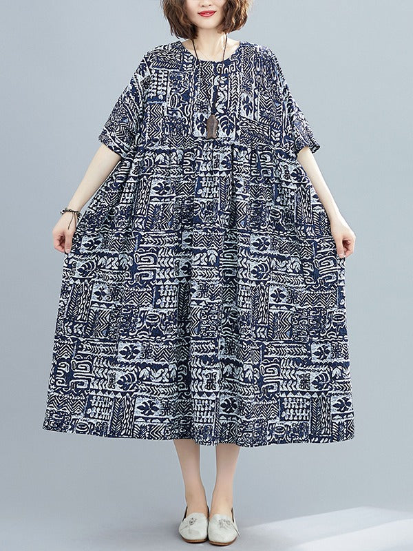 PLUS SIZE LOOSE SIMPLE PRINT MIDI DRESS