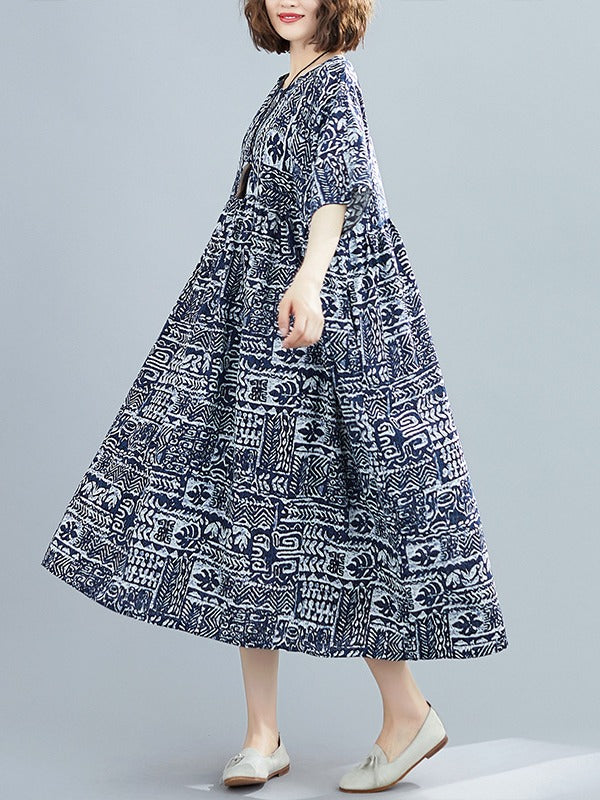 PLUS SIZE LOOSE SIMPLE PRINT MIDI DRESS