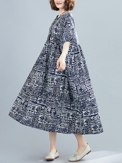 PLUS SIZE LOOSE SIMPLE PRINT MIDI DRESS