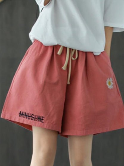 Embroidered Loose Solid Lace-Up Shorts