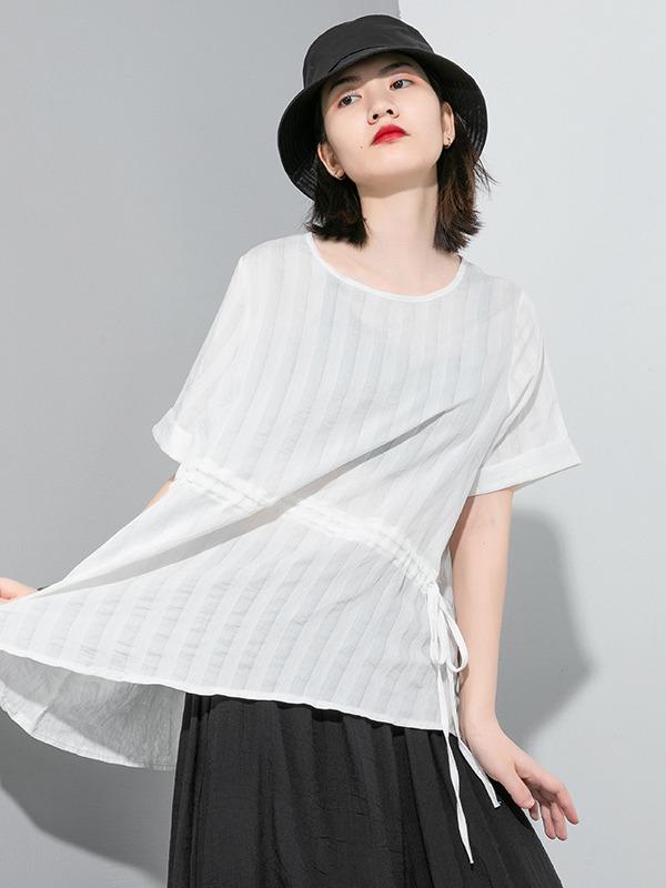 Simple Split-Joint Solid Lace-Up T-Shirt