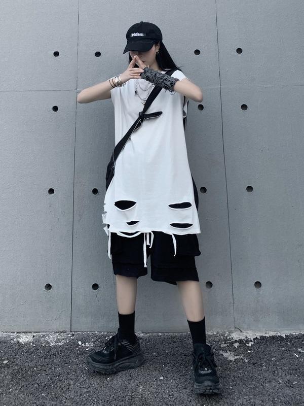 Casual Hollow Round-Neck Cap Sleevet-Shirt