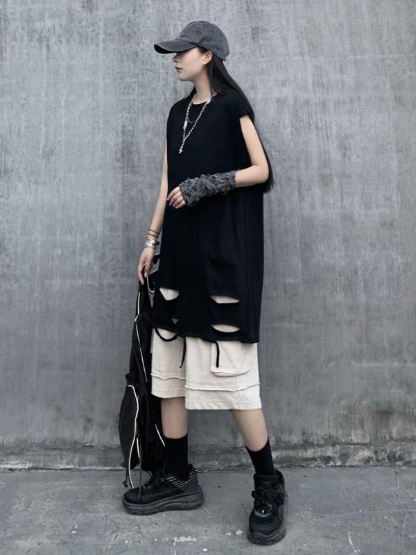 Casual Hollow Round-Neck Cap Sleevet-Shirt