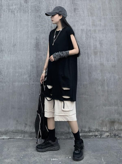 Casual Hollow Round-Neck Cap Sleevet-Shirt