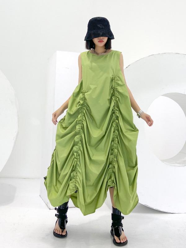 Sleeveless Pleated A-Line Solid Maxi Dress