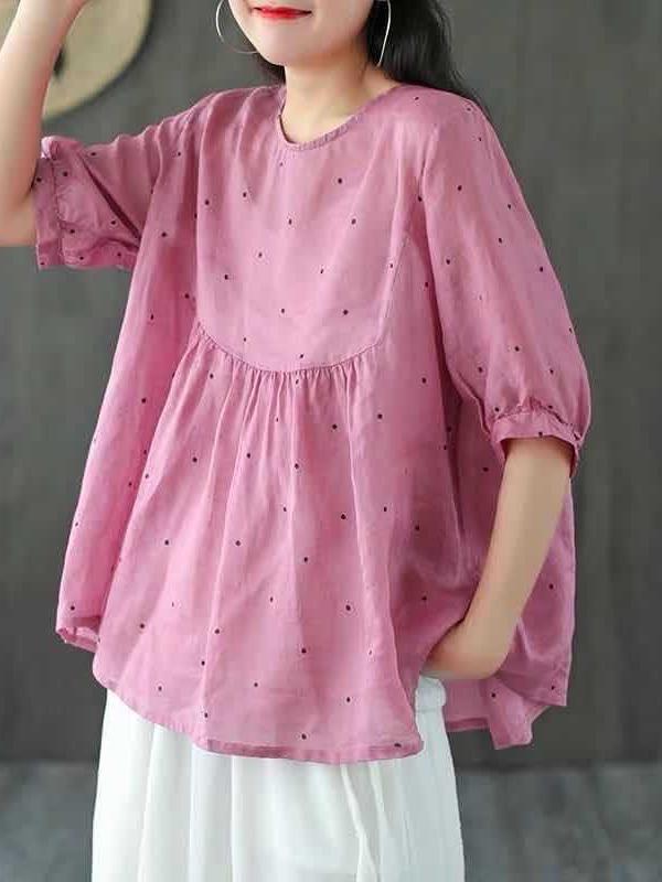 Vintage Loose Polka Dot Crew Neck Women's T-Shirt