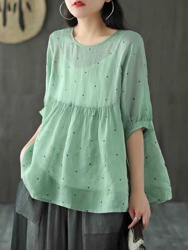 Vintage Loose Polka Dot Crew Neck Women's T-Shirt