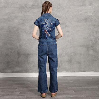 denim large size trousers retro embroidered high waist pants